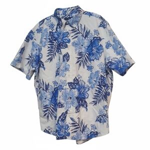 Ralph Lauren Polo - Blue Tropical Floral Print On White Cotton Button Down Shirt